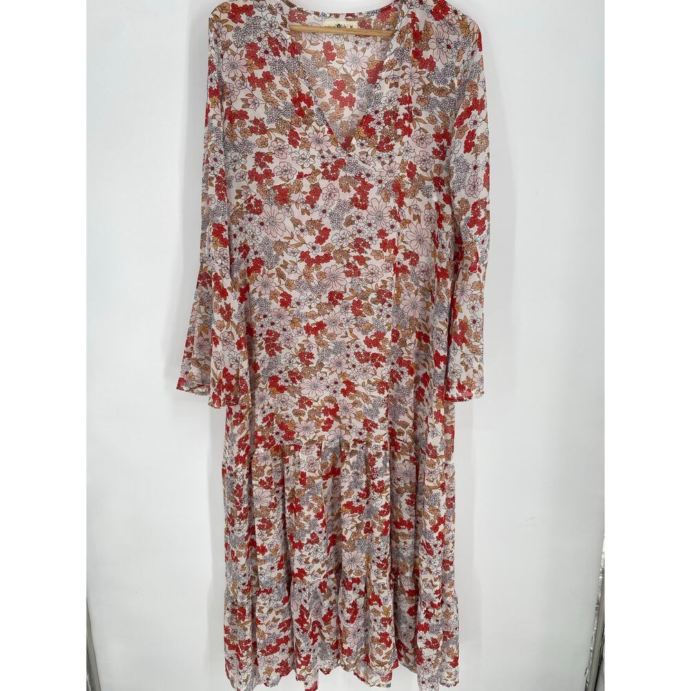 Natural Life Maxi Dress Women’s Medium Floral Bohemian Trumpet Sleeve Hippie